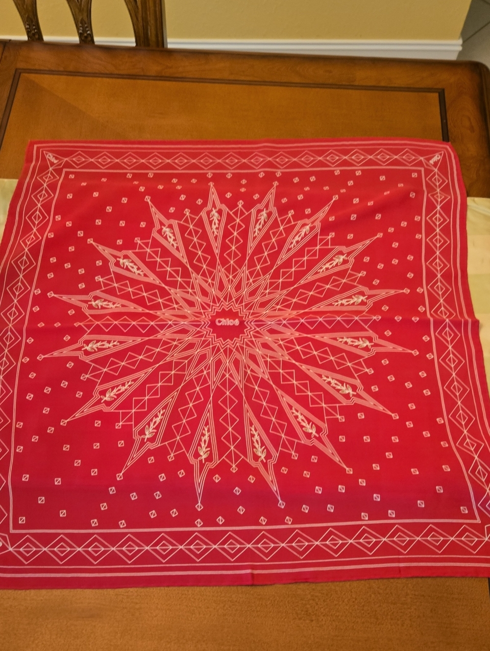 Chloe Vintage Red & Cream Silk Scarf Geometric Pattern